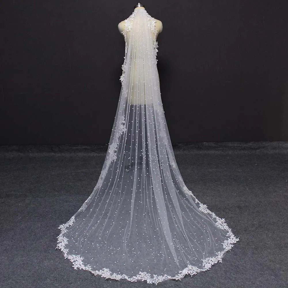 One Layer Lace Edge with Pearls 2.5 Meters Long Bridal Veil