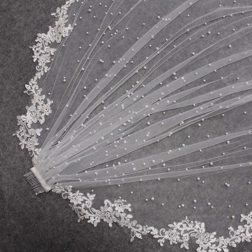 One Layer Lace Edge with Pearls 2.5 Meters Long Bridal Veil