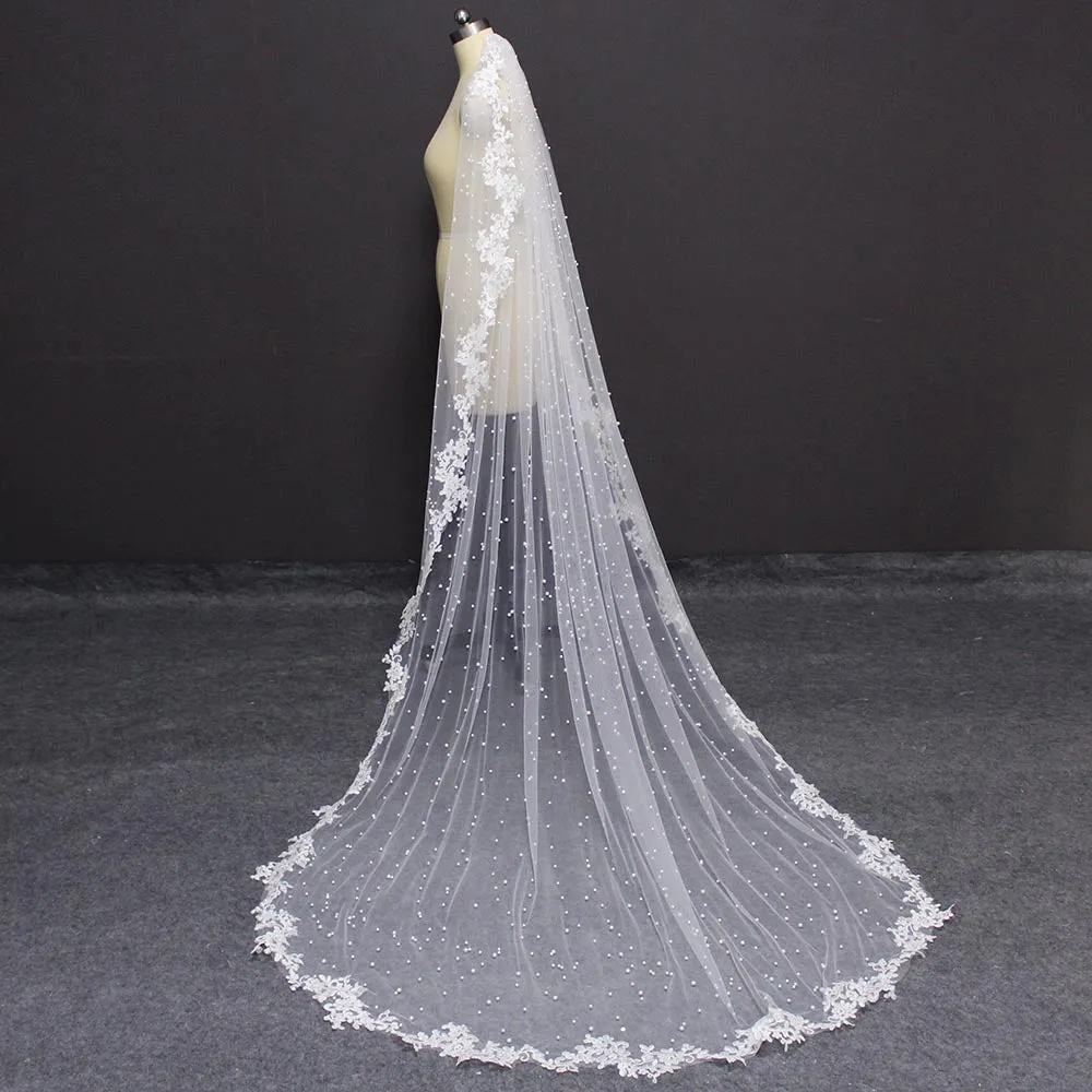 One Layer Lace Edge with Pearls 2.5 Meters Long Bridal Veil