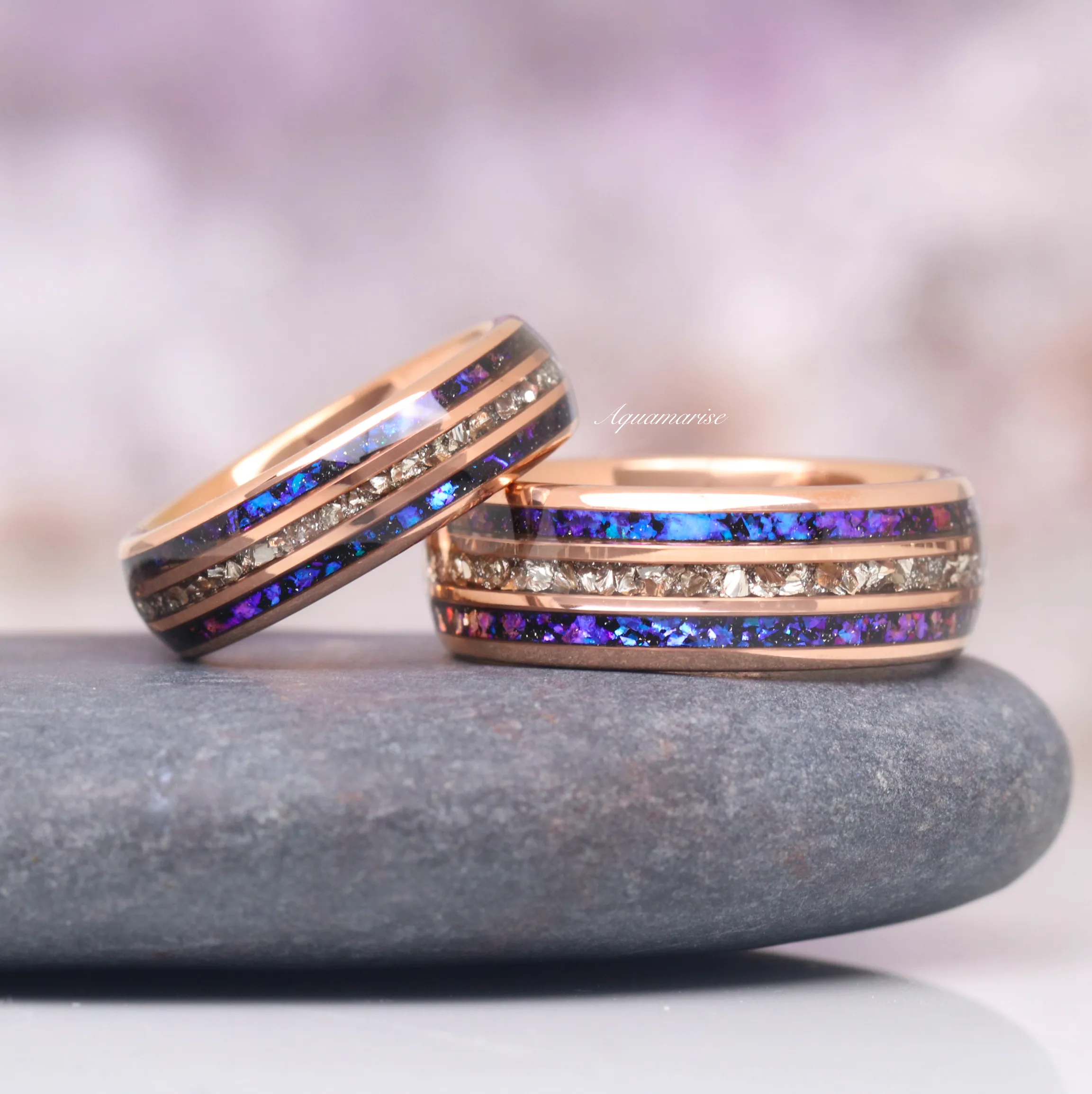 Orion Nebula & Crushed Diamond Wedding Band- 6MM Rose Gold Tungsten