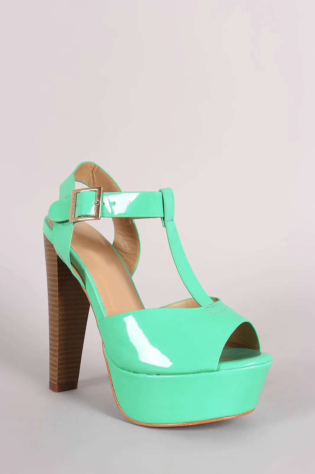 Patent T-Strap Peep Toe Chunky Platform Heel