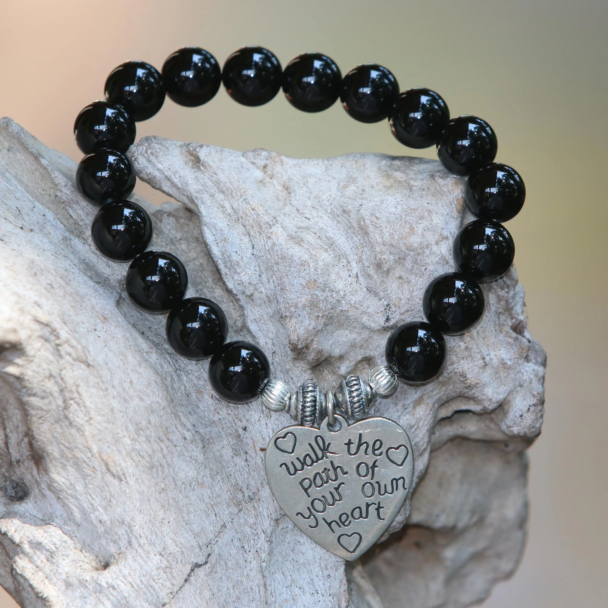 Path of Love Onyx and 925 Silver Beaded Heart Stretch Bracelet from Bali