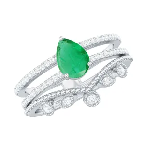 Pear shape Real Emerald and Diamond Wedding Ring Set