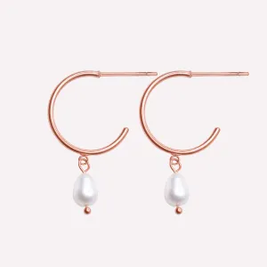 PEARL DANGLE SMALL HOOP EARRINGS IN ROSE GOLD