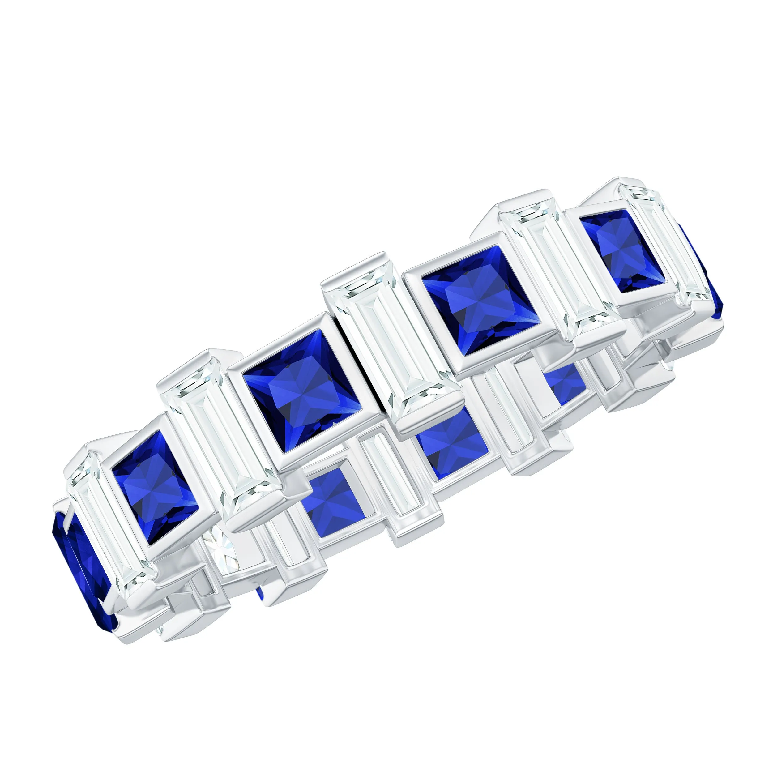 Princess Cut Created Blue Sapphire and Moissanite Eternity Ring