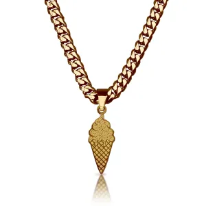 Pro Ice Cream Pendant With 6mm Cuban Link Chain Necklace - 14K Gold Plated Stainless Steel