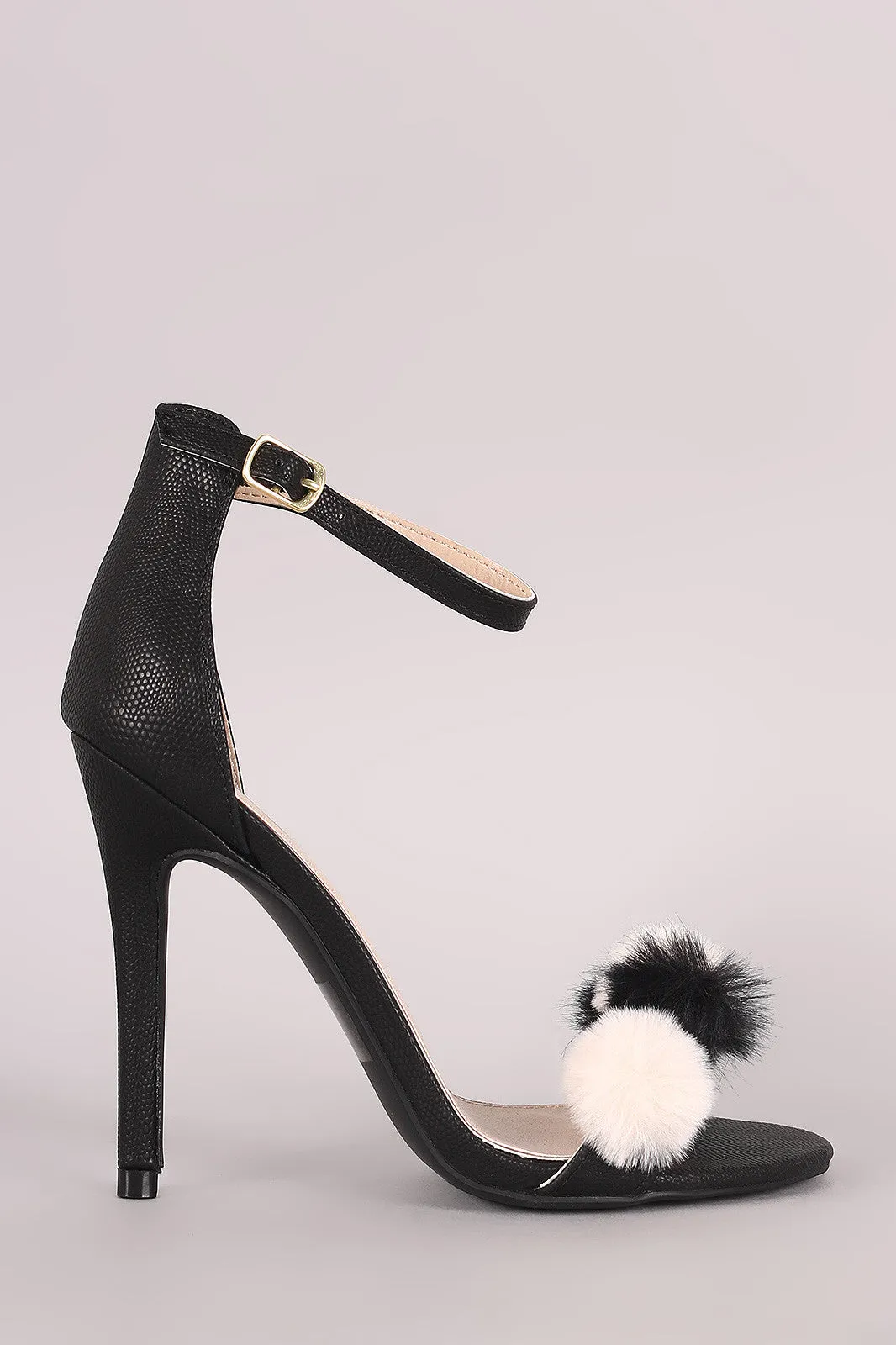 Qupid Lizard Pom Pom Band Ankle Strap Stiletto Heel