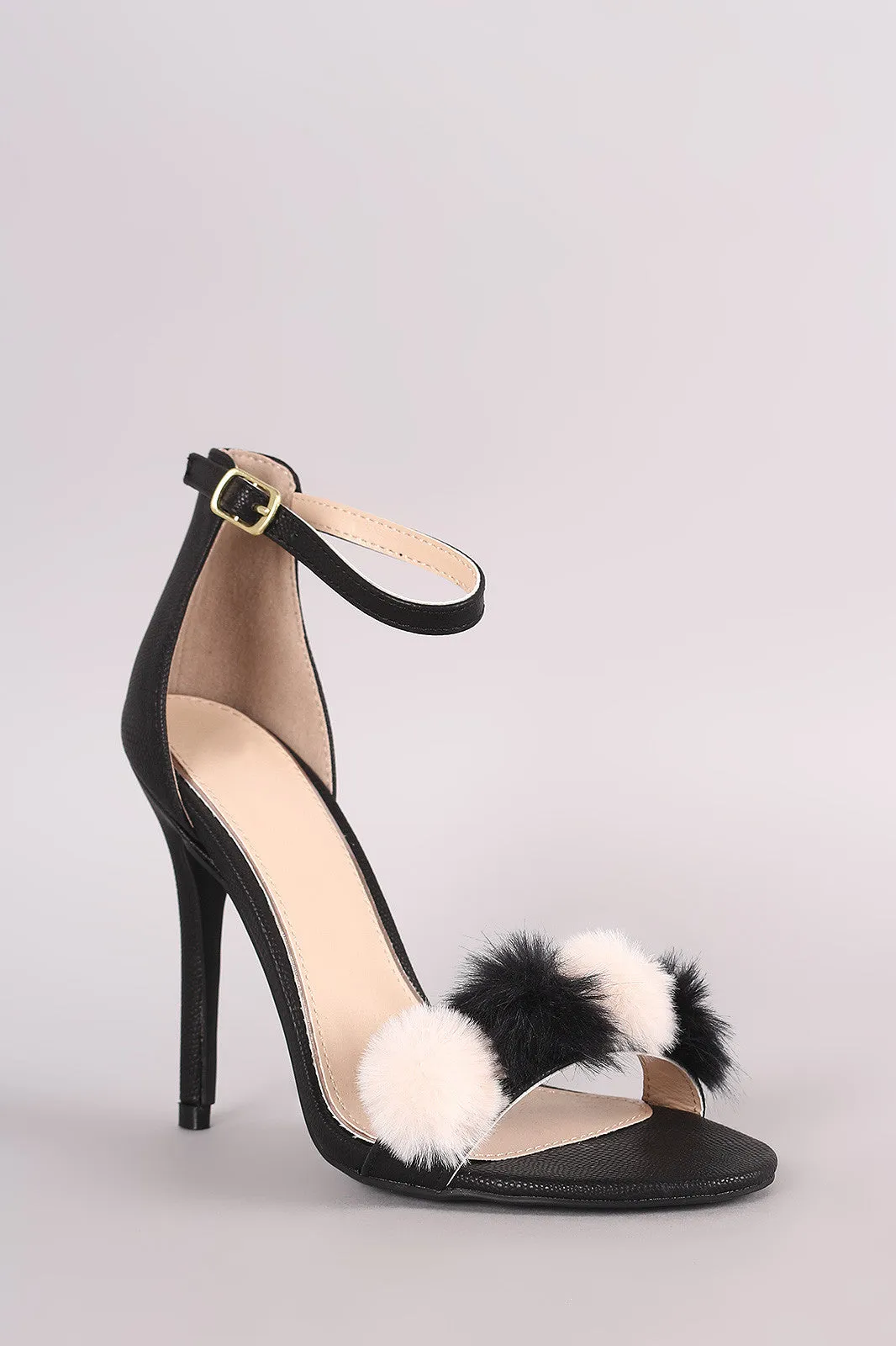 Qupid Lizard Pom Pom Band Ankle Strap Stiletto Heel