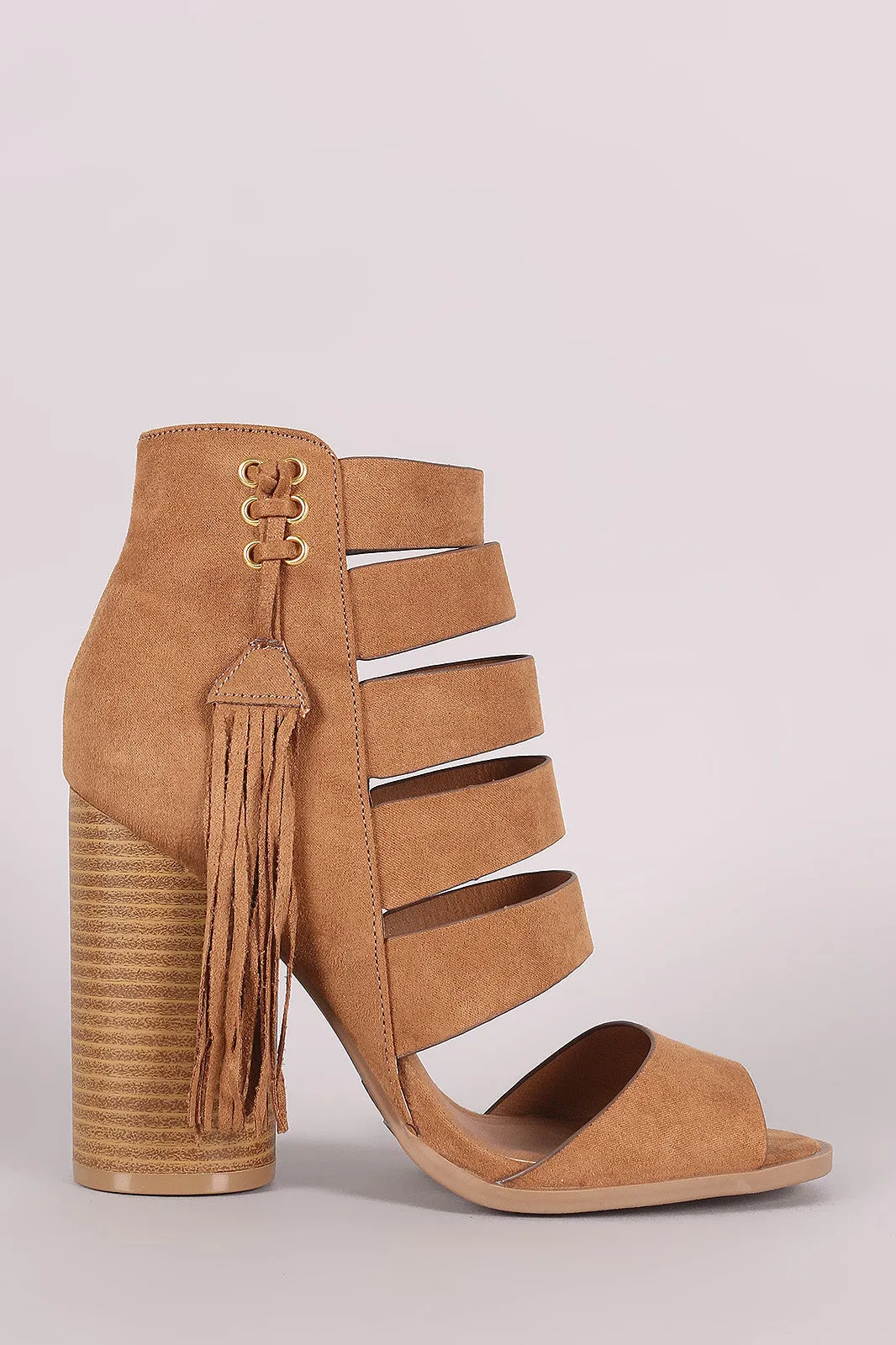 Qupid Strappy Fringe Tassel Rounded Chunky Heel