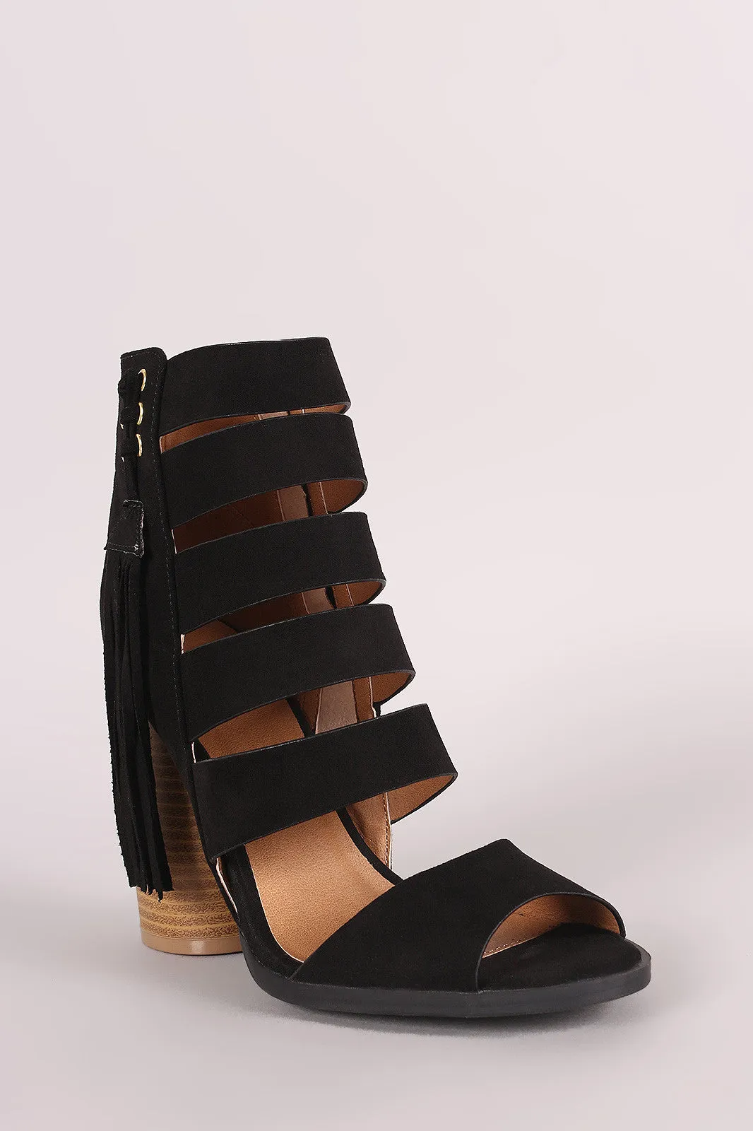 Qupid Strappy Fringe Tassel Rounded Chunky Heel