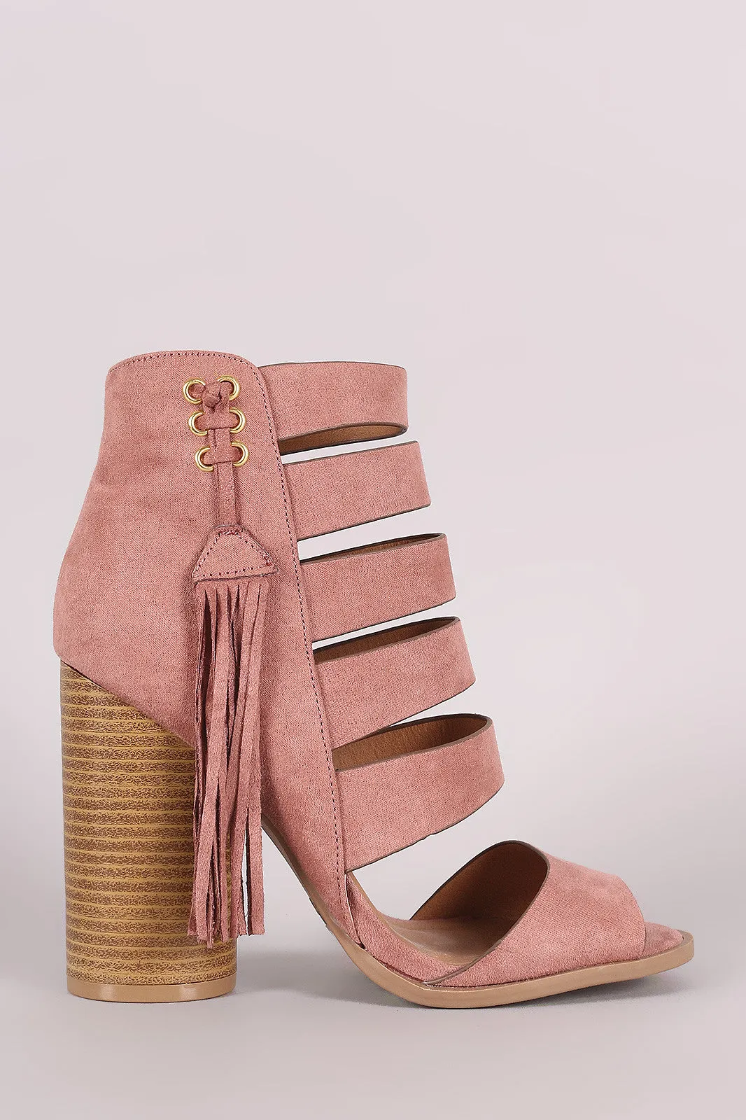 Qupid Strappy Fringe Tassel Rounded Chunky Heel