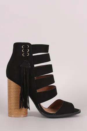 Qupid Strappy Fringe Tassel Rounded Chunky Heel