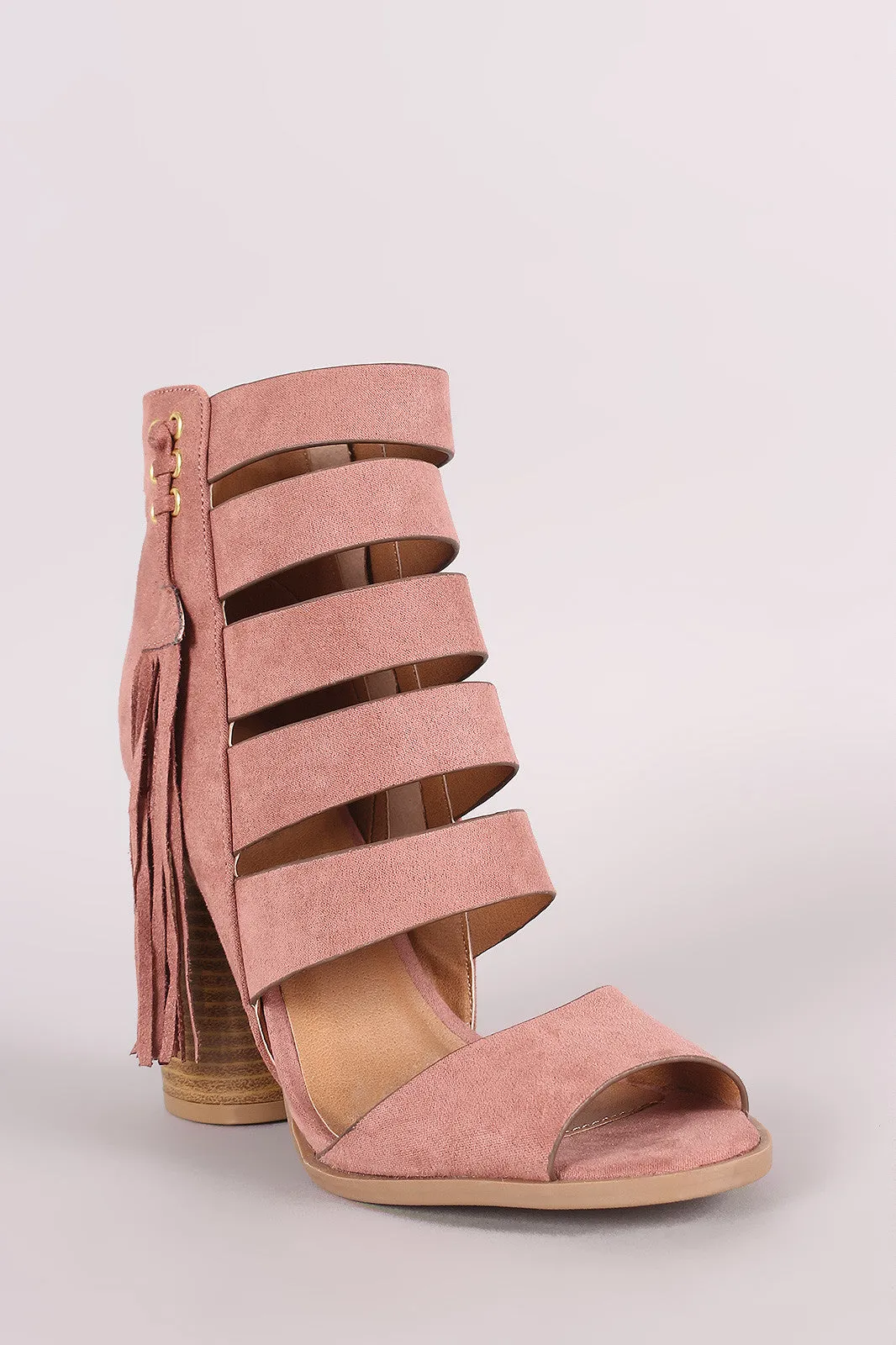 Qupid Strappy Fringe Tassel Rounded Chunky Heel