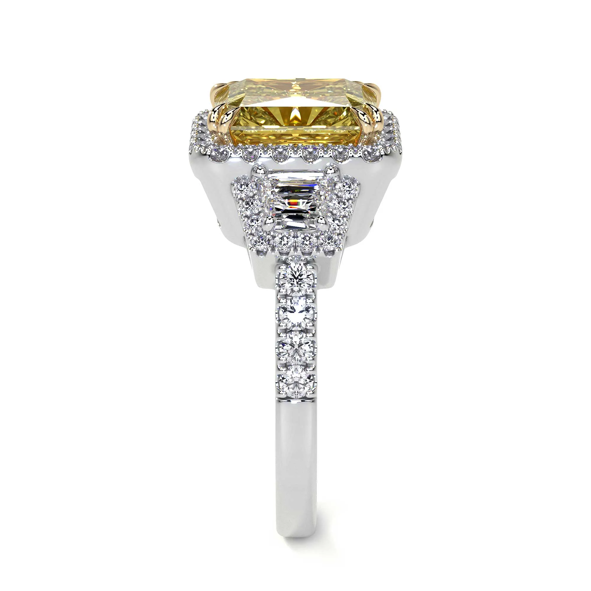 Radiant Fancy Yellow Diamond Ring With Halo, 3 CT