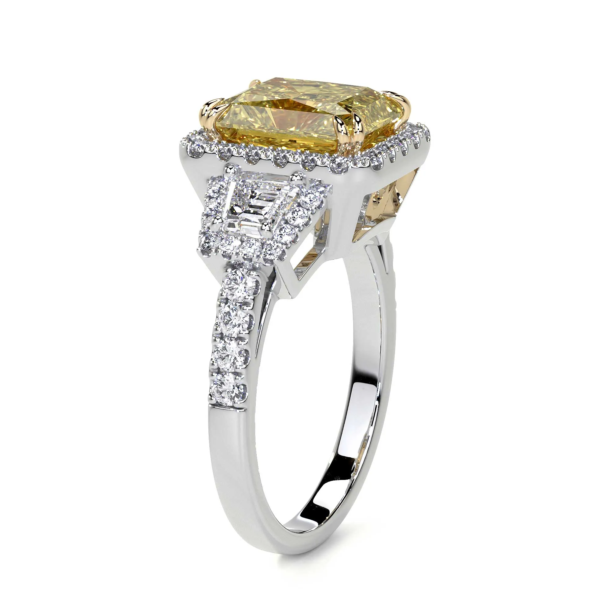 Radiant Fancy Yellow Diamond Ring With Halo, 3 CT