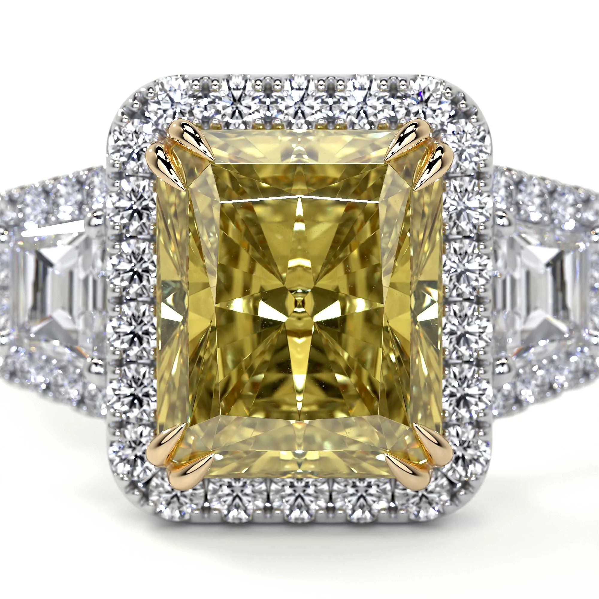 Radiant Fancy Yellow Diamond Ring With Halo, 3 CT