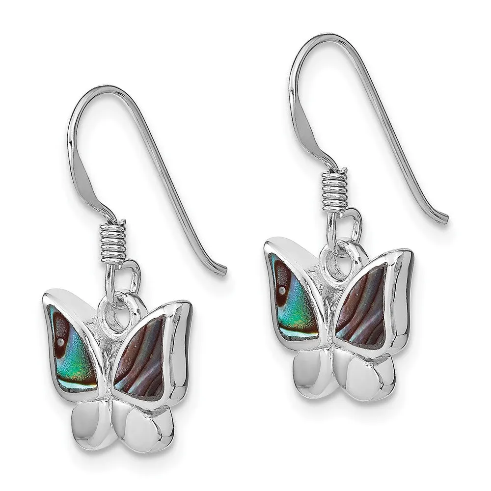 Rhodium-plated Sterling Silver Polished Abalone Butterfly Earrings