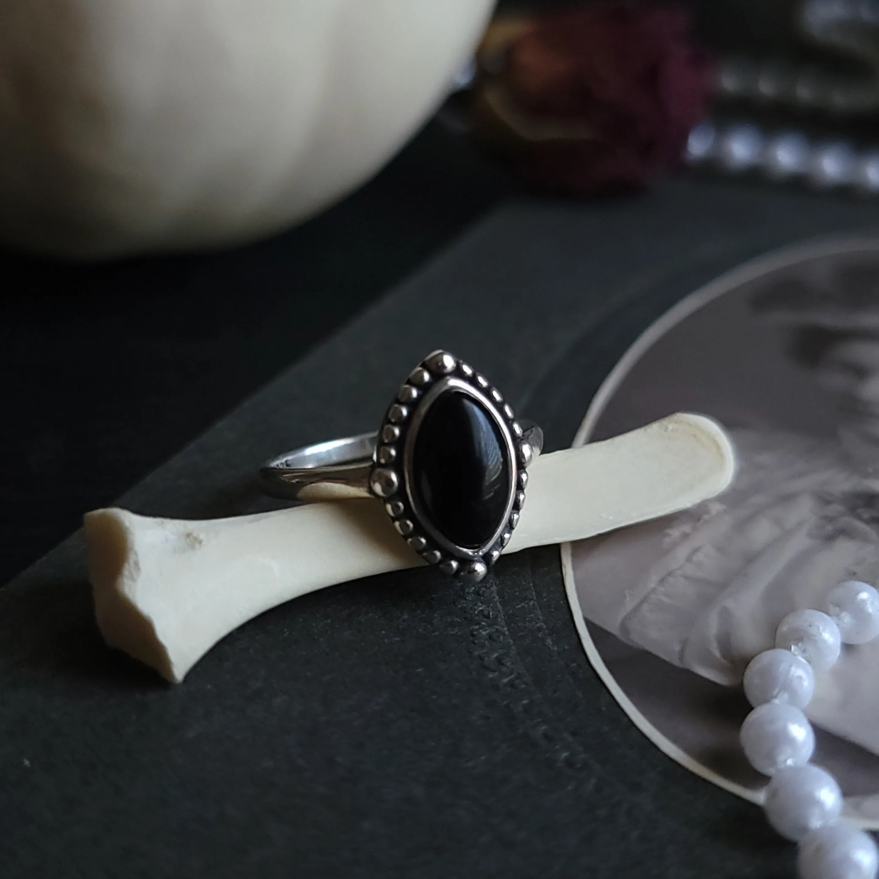 Sadie - Black Agate Marquise Ring - Sterling Silver Ring