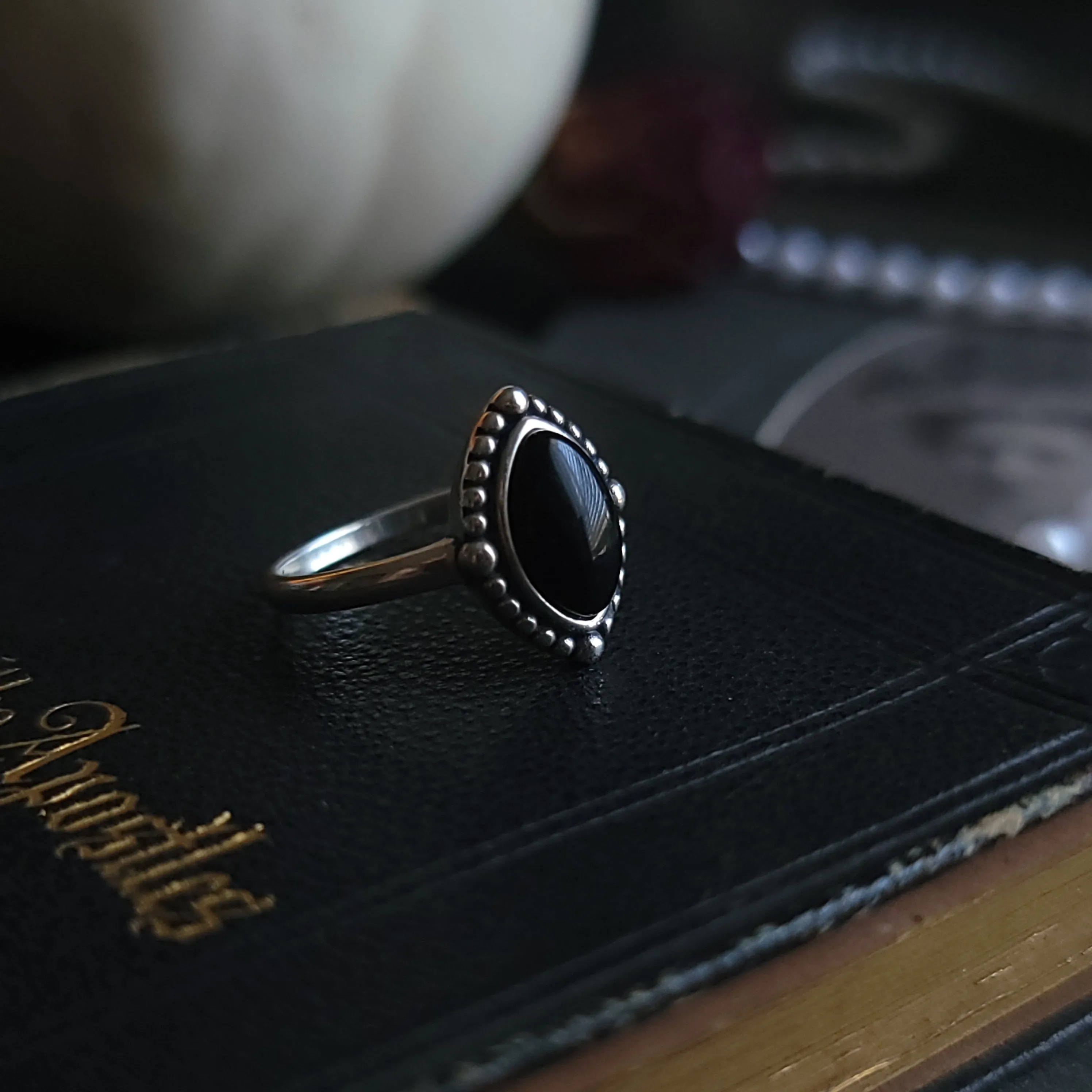 Sadie - Black Agate Marquise Ring - Sterling Silver Ring