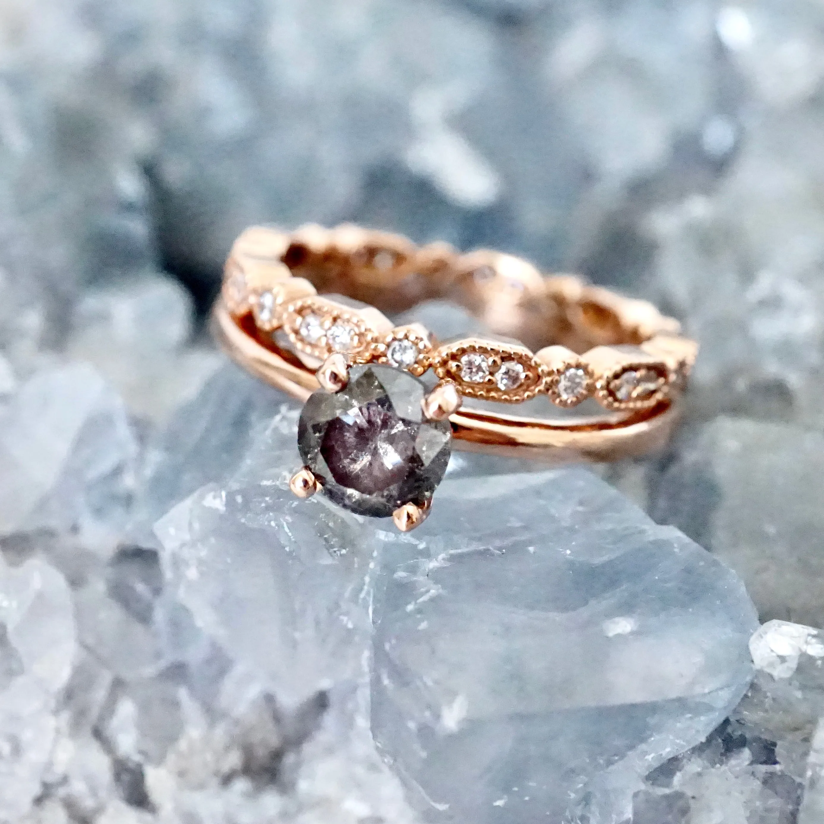 Salt and Pepper Diamond Ring - Rose Gold Diamond Engagement Ring - Grey Diamond Ring