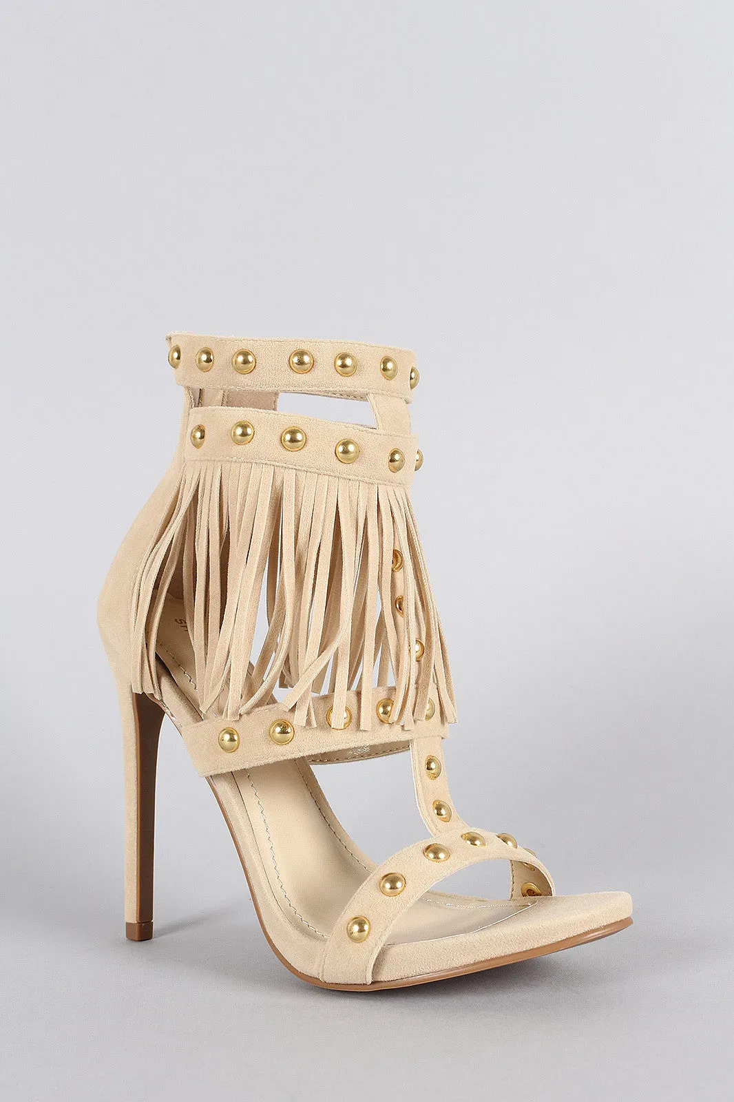 Shoe Republic LA Fierce Fringe Studded Open Toe Heel