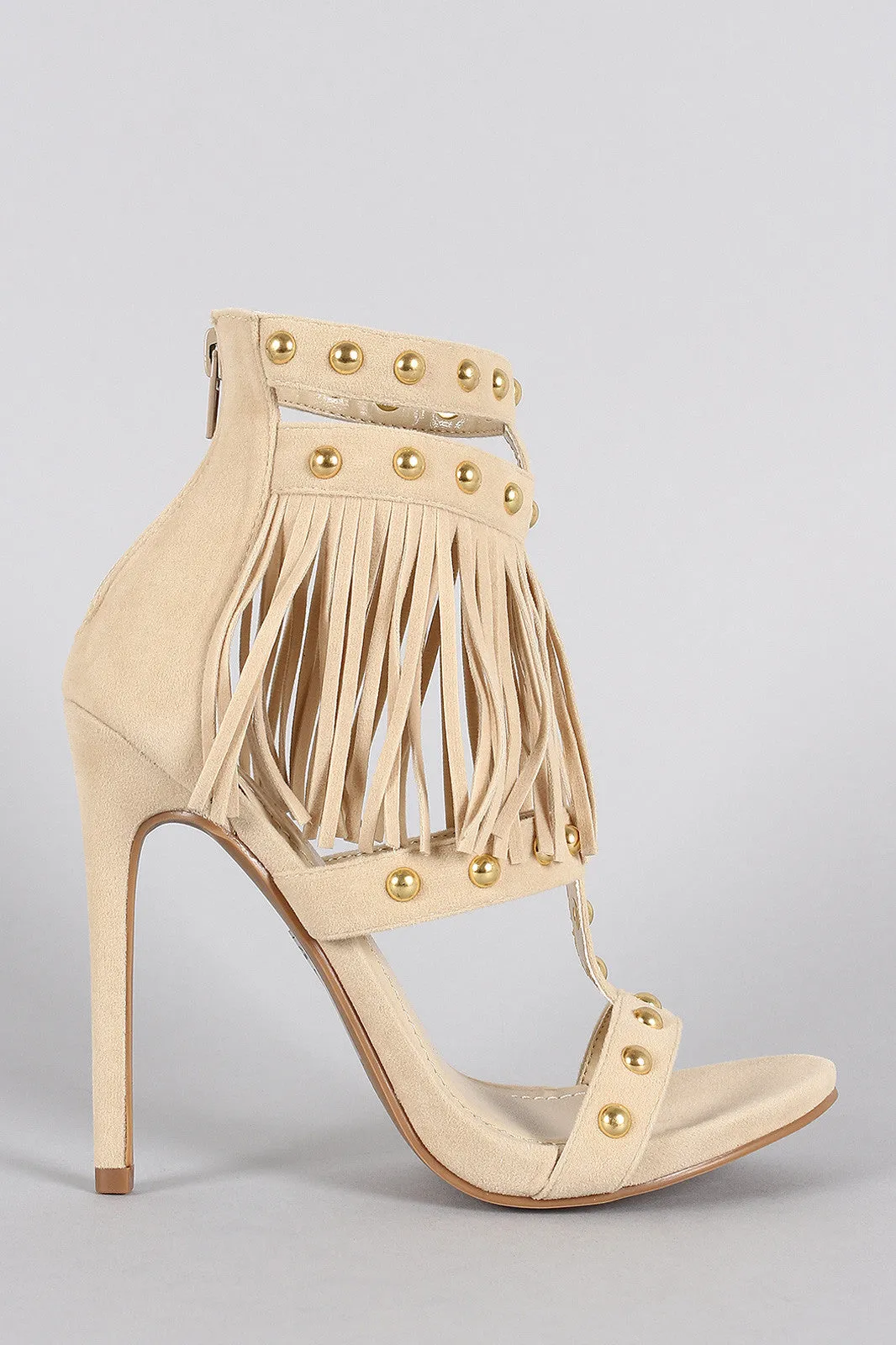 Shoe Republic LA Fierce Fringe Studded Open Toe Heel