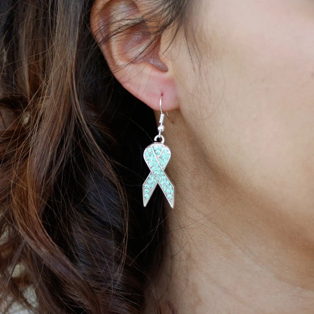 Silver Aqua Ribbon Charm Dangle Earrings