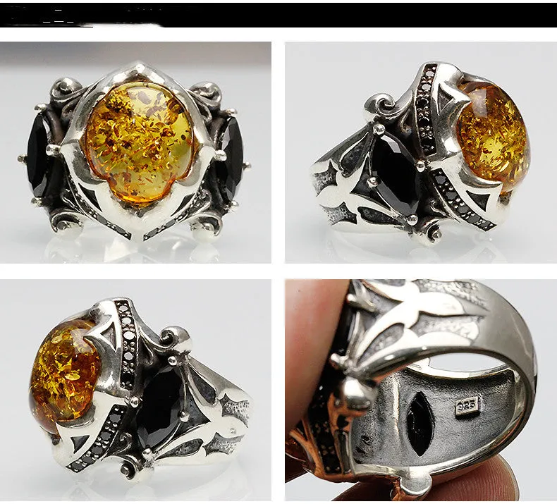 Silver Retro Amber Stone Ring!