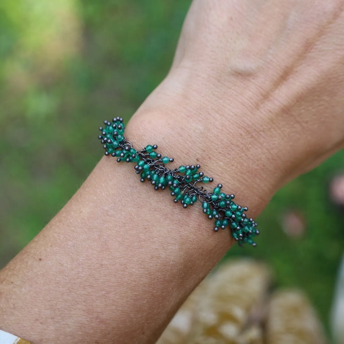 Single Fuzzy Bead Chain of Tiny Green Onyx Bracelet