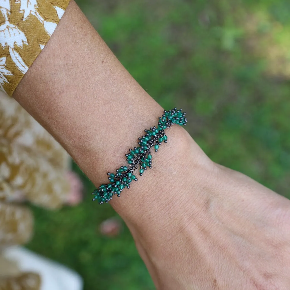 Single Fuzzy Bead Chain of Tiny Green Onyx Bracelet