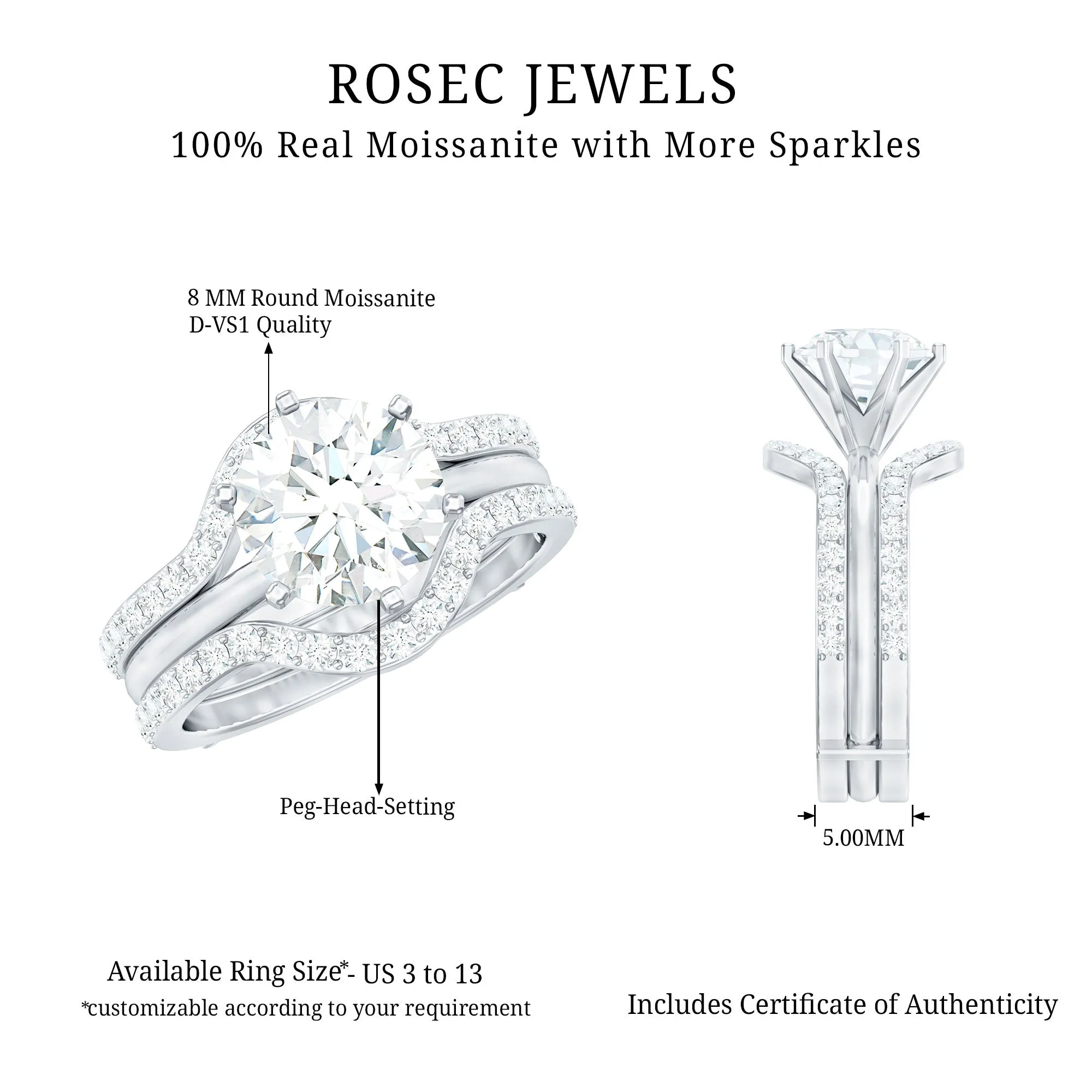 Solitaire Certified Moissanite Trio Wedding Ring Set