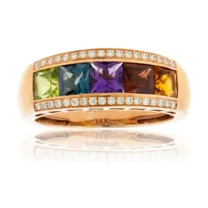 Step Cut Mixed Gemstone & Diamond Accented Rainbow Ring