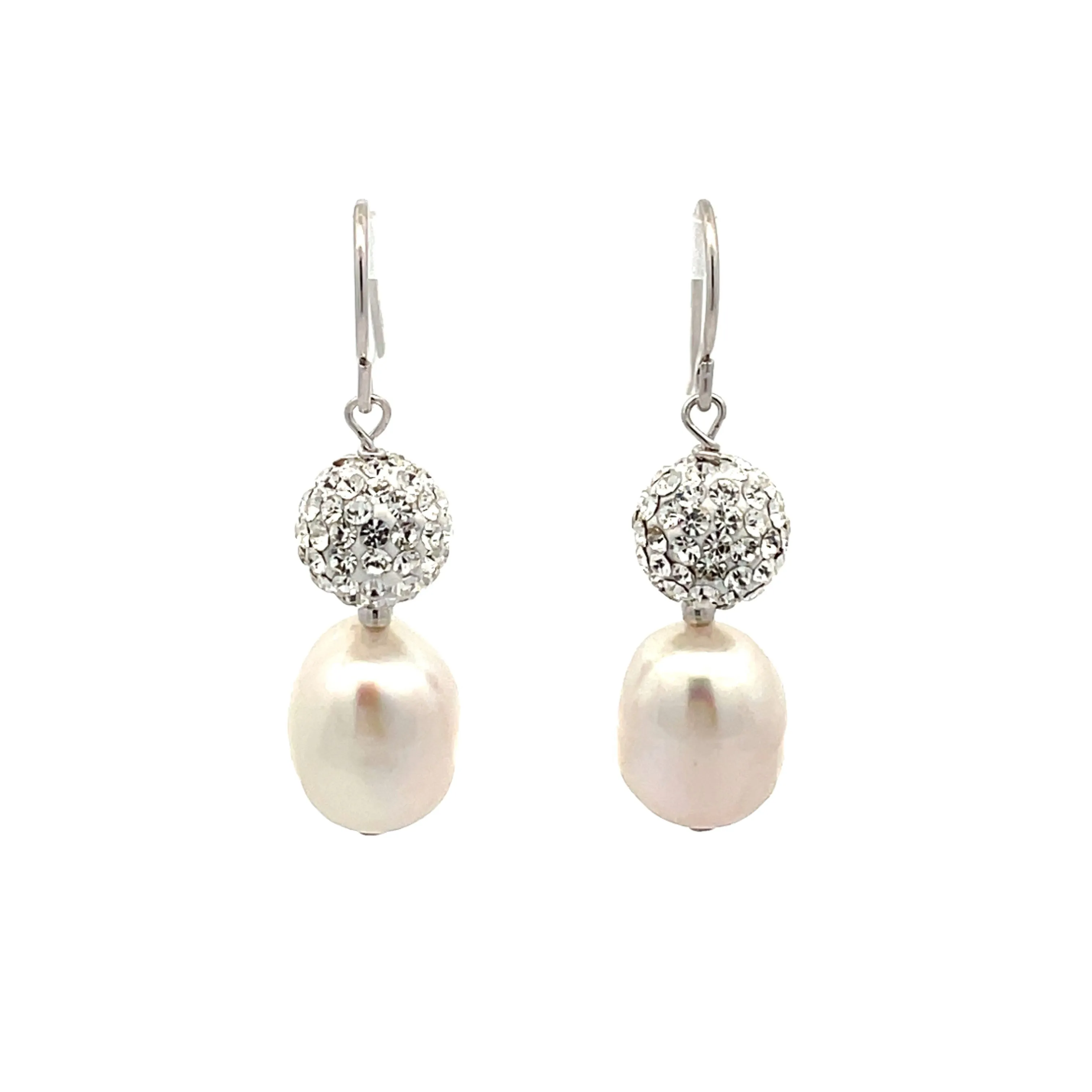 Sterling Silver Freshwater Pearl and Crystal Clay Ball Hook Earrings