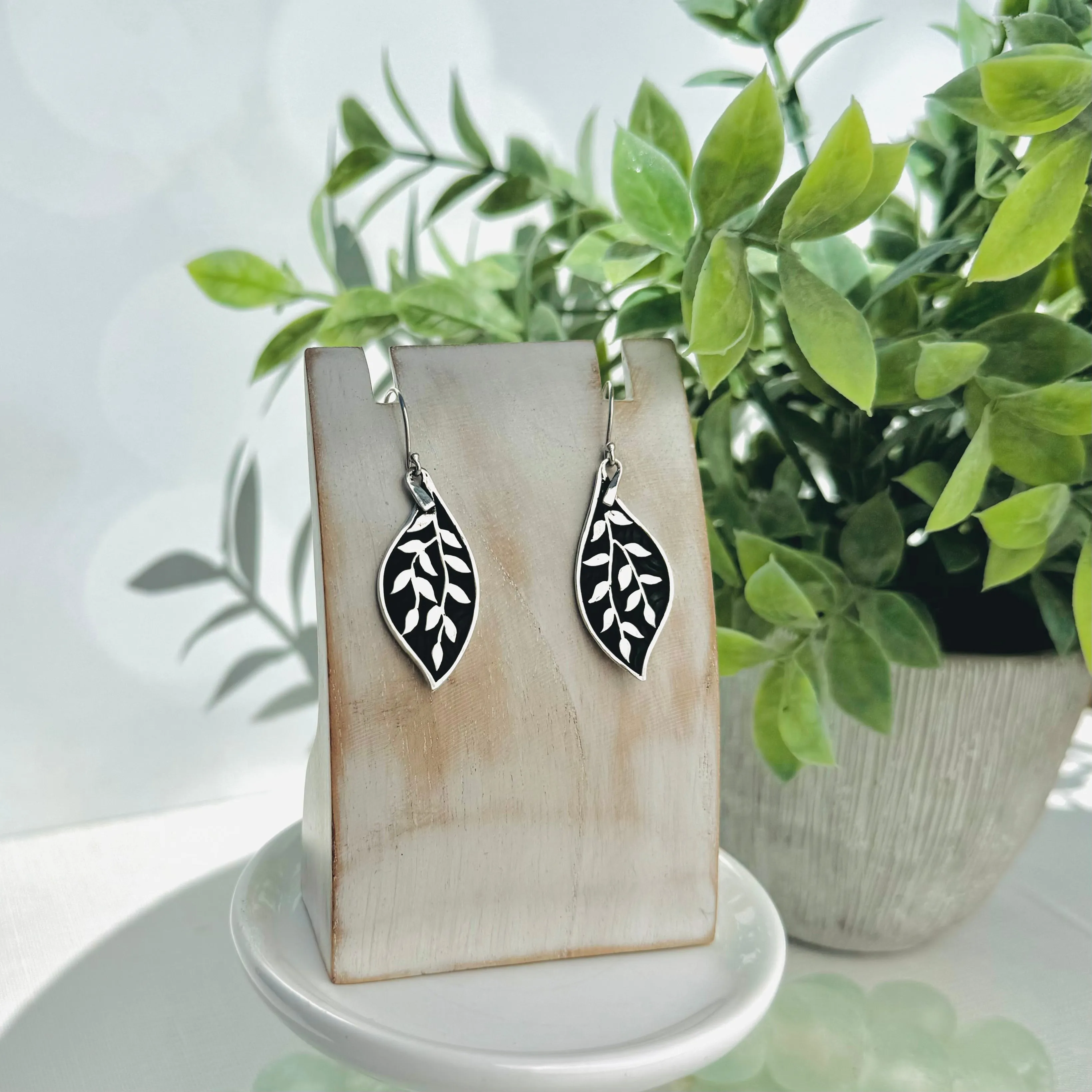 Sterling Silver Patterned Leaf Earrings