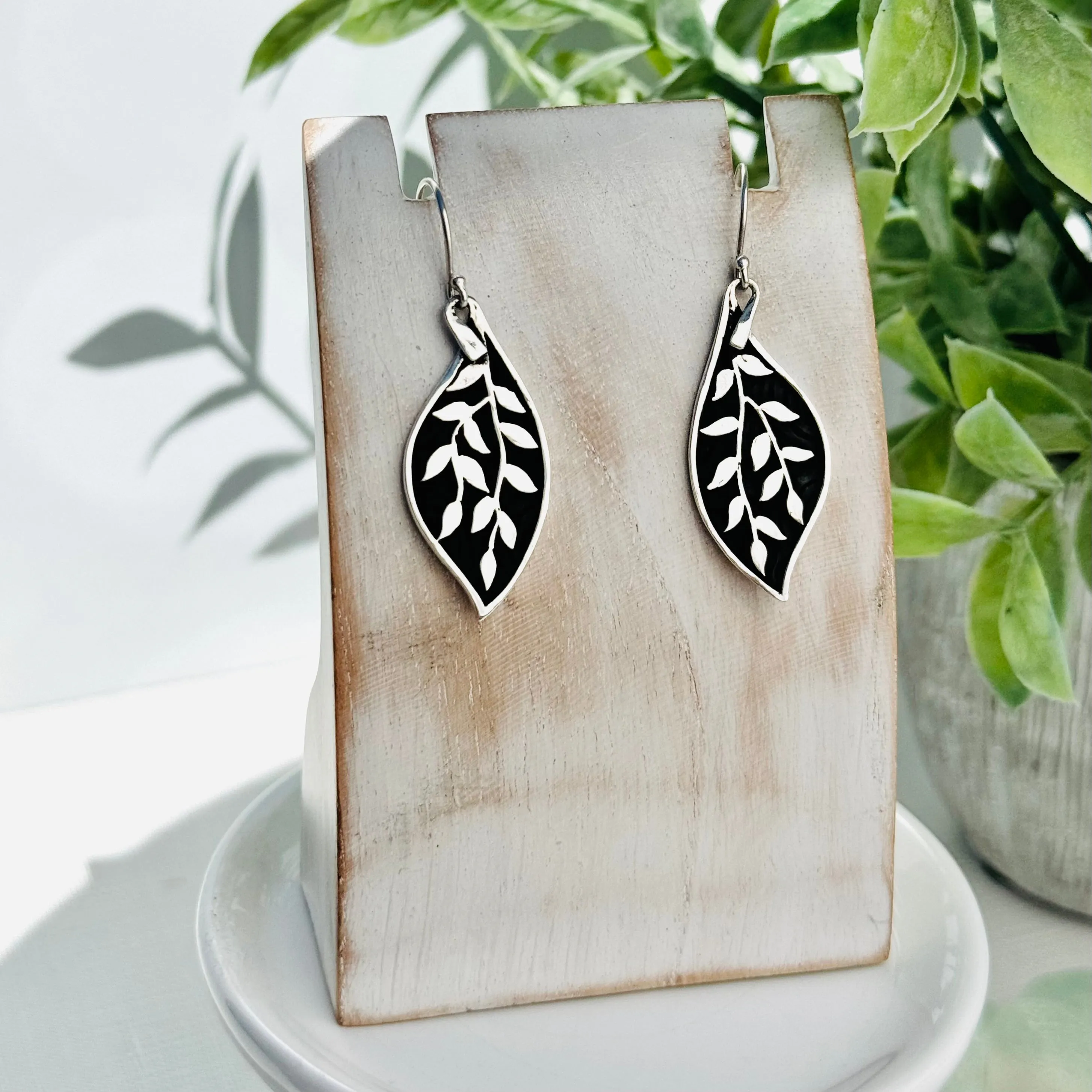 Sterling Silver Patterned Leaf Earrings