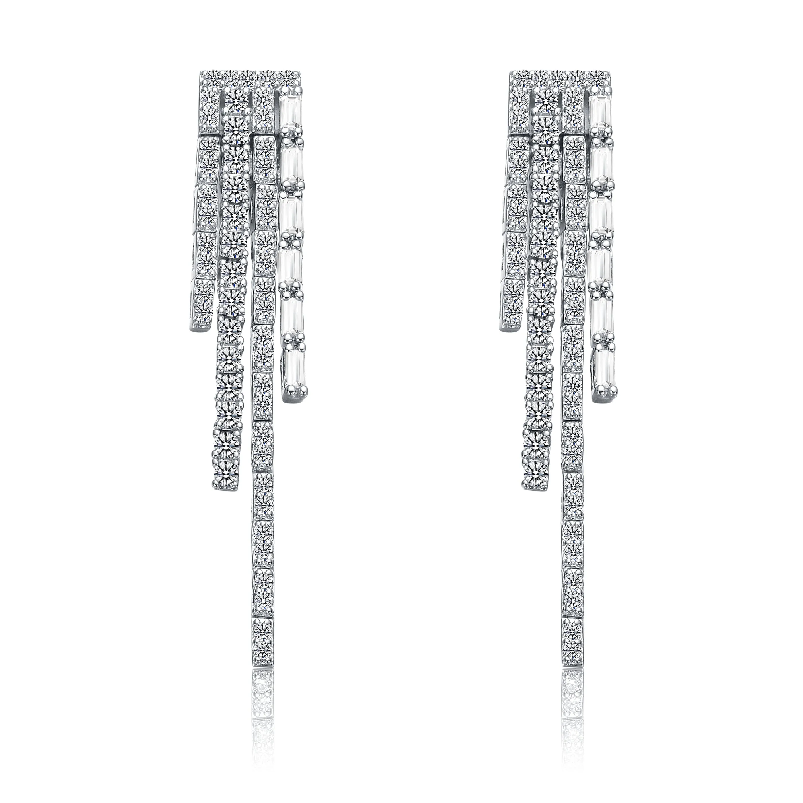 Sterling Silver White Gold Plated with Cubic Zirconia Graduated Fringe Dangle Earrings