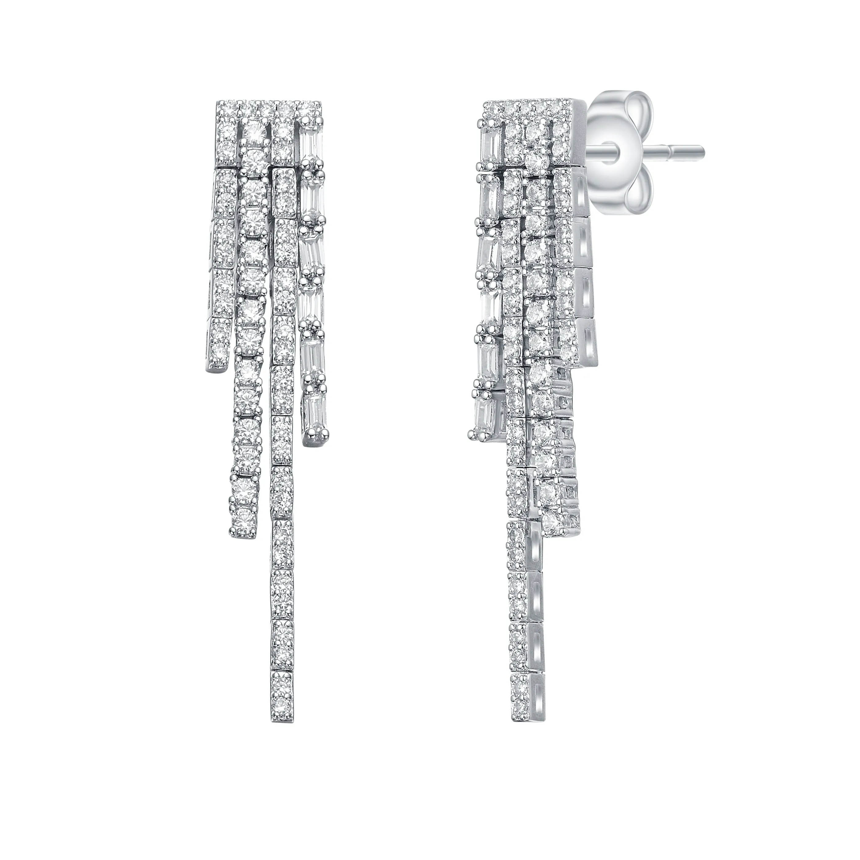 Sterling Silver White Gold Plated with Cubic Zirconia Graduated Fringe Dangle Earrings