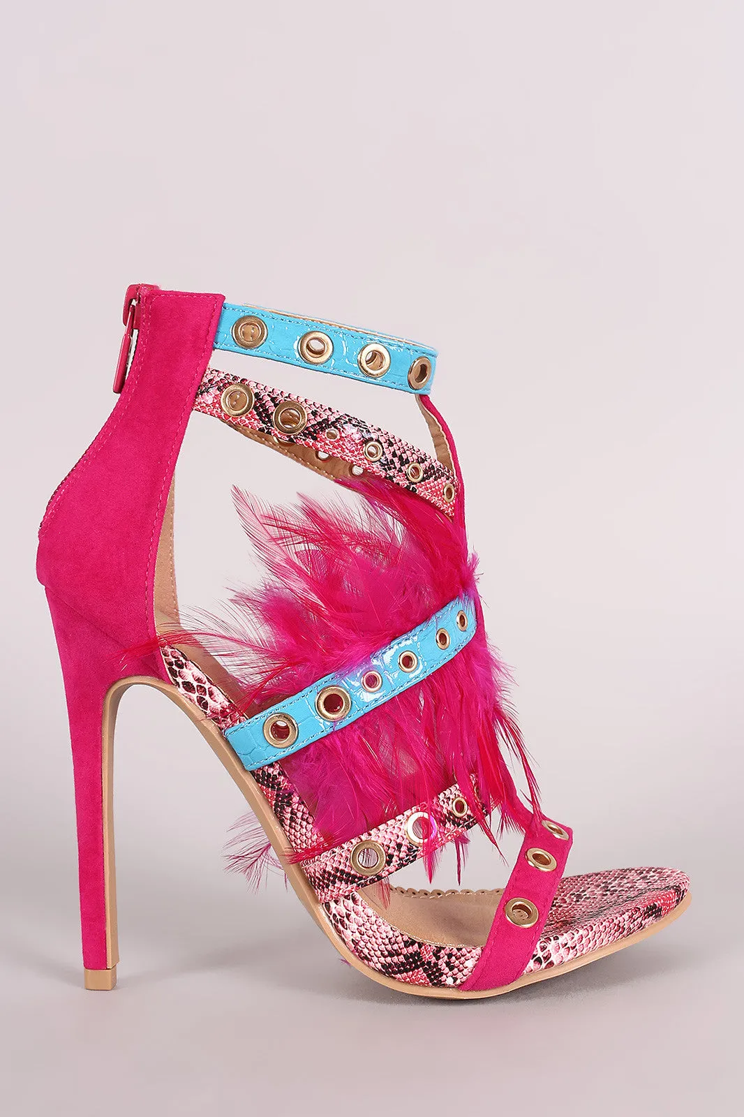 Strappy Grommets And Feather Embellished Stiletto Heel