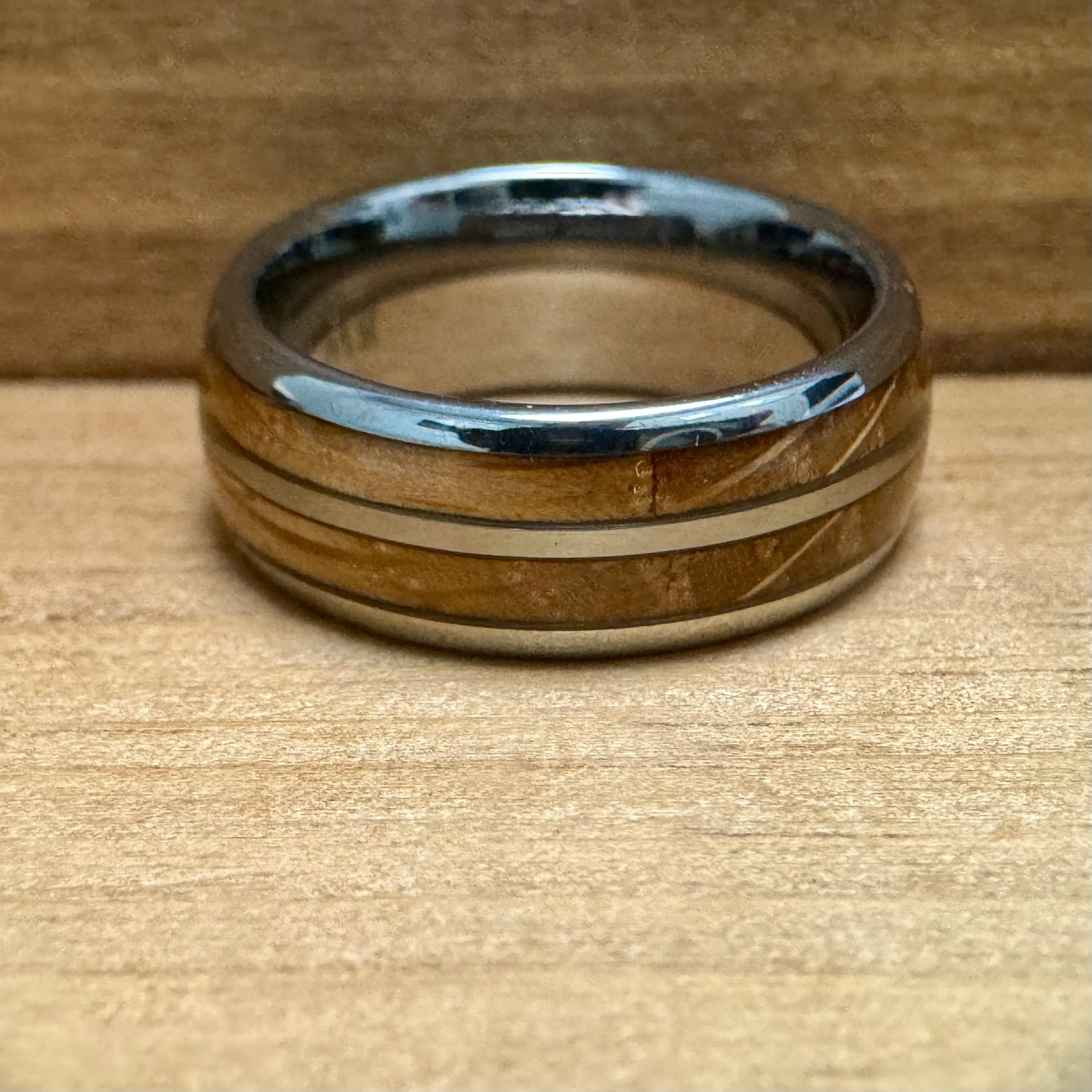 “The Bootlegger” Tungsten Ring With Reclaimed Bourbon Whiskey Barrel Wood