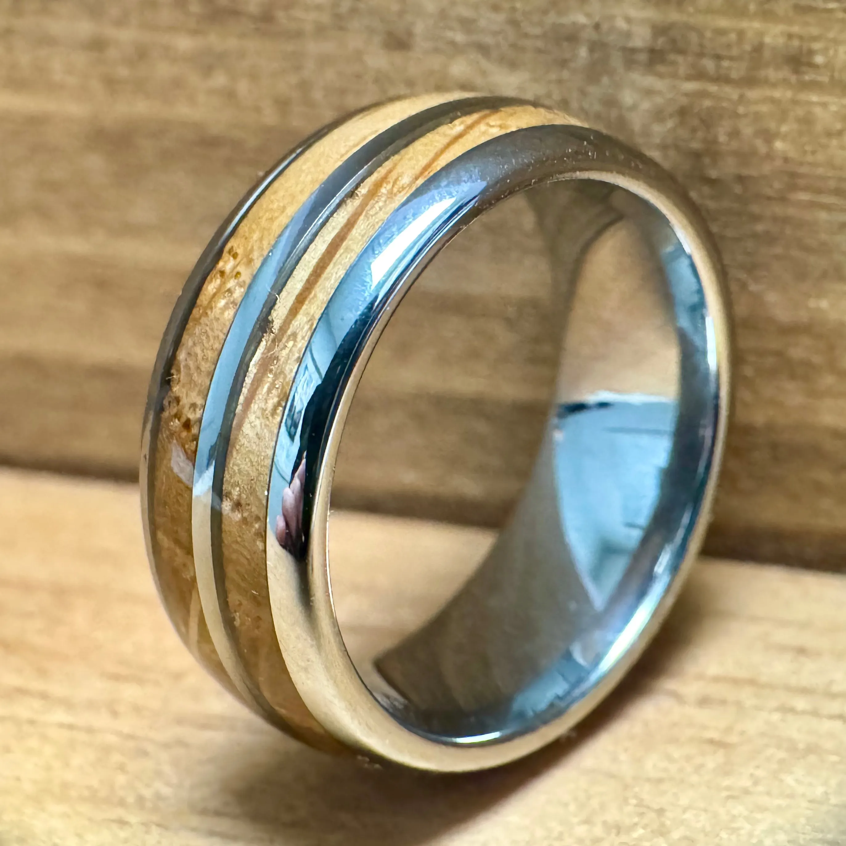 “The Bootlegger” Tungsten Ring With Reclaimed Bourbon Whiskey Barrel Wood