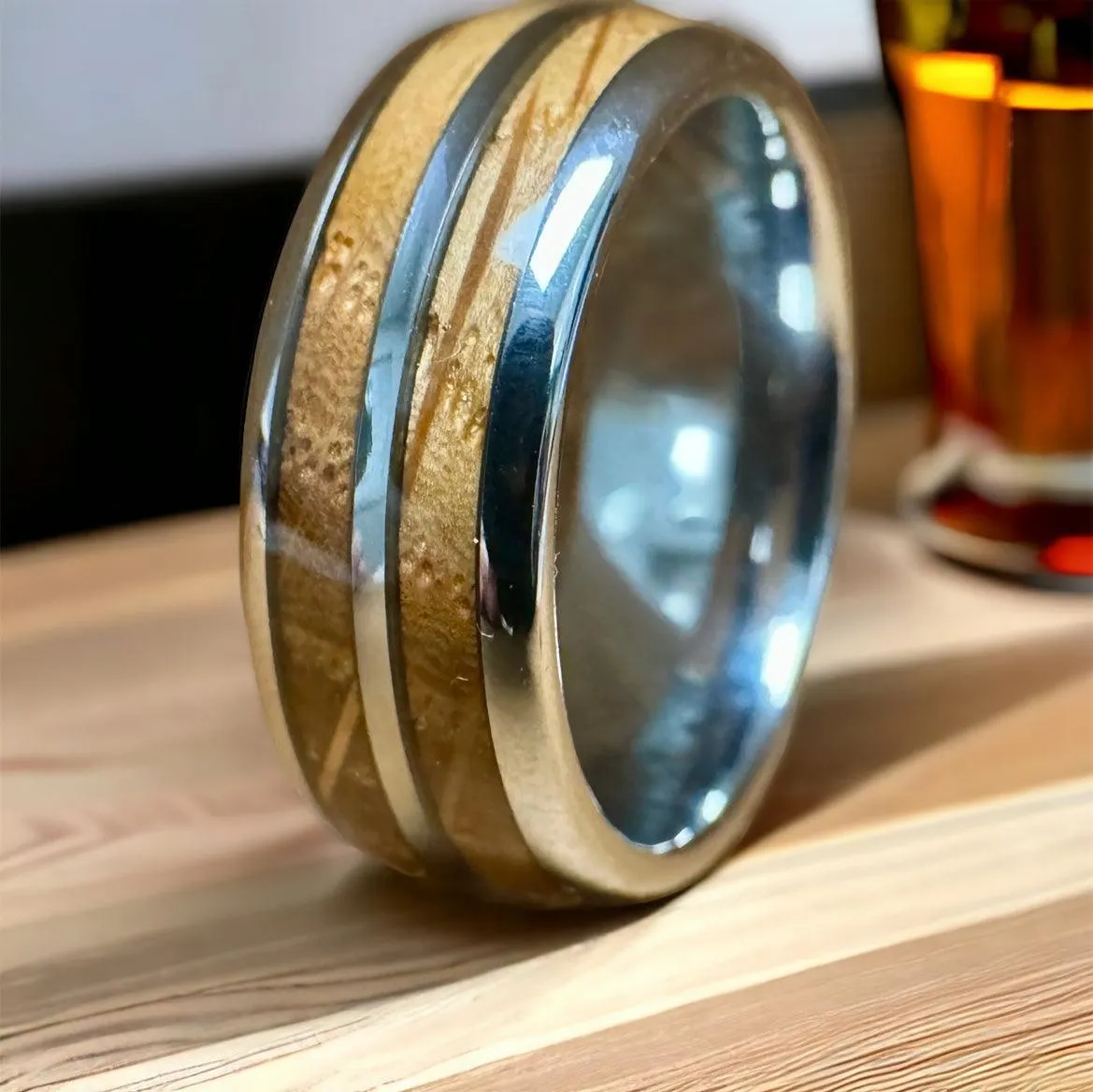 “The Bootlegger” Tungsten Ring With Reclaimed Bourbon Whiskey Barrel Wood