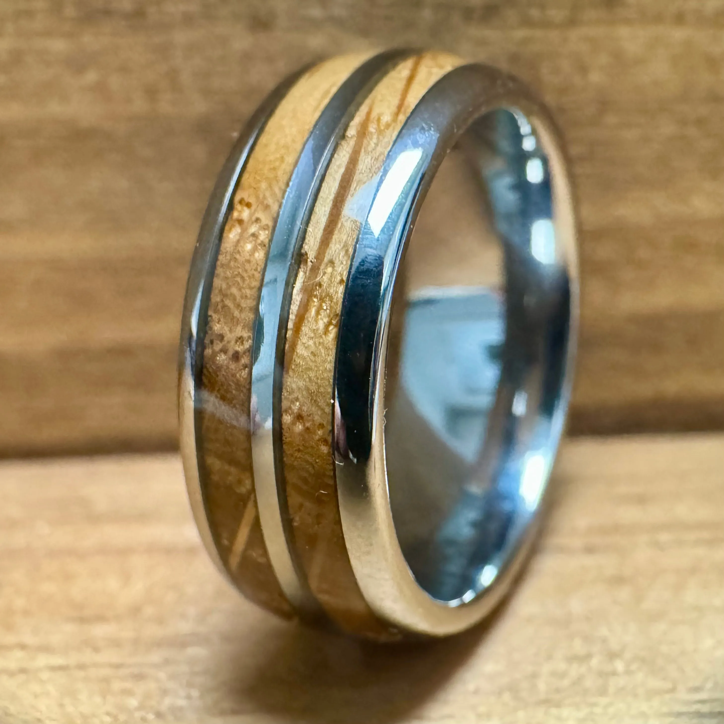 “The Bootlegger” Tungsten Ring With Reclaimed Bourbon Whiskey Barrel Wood