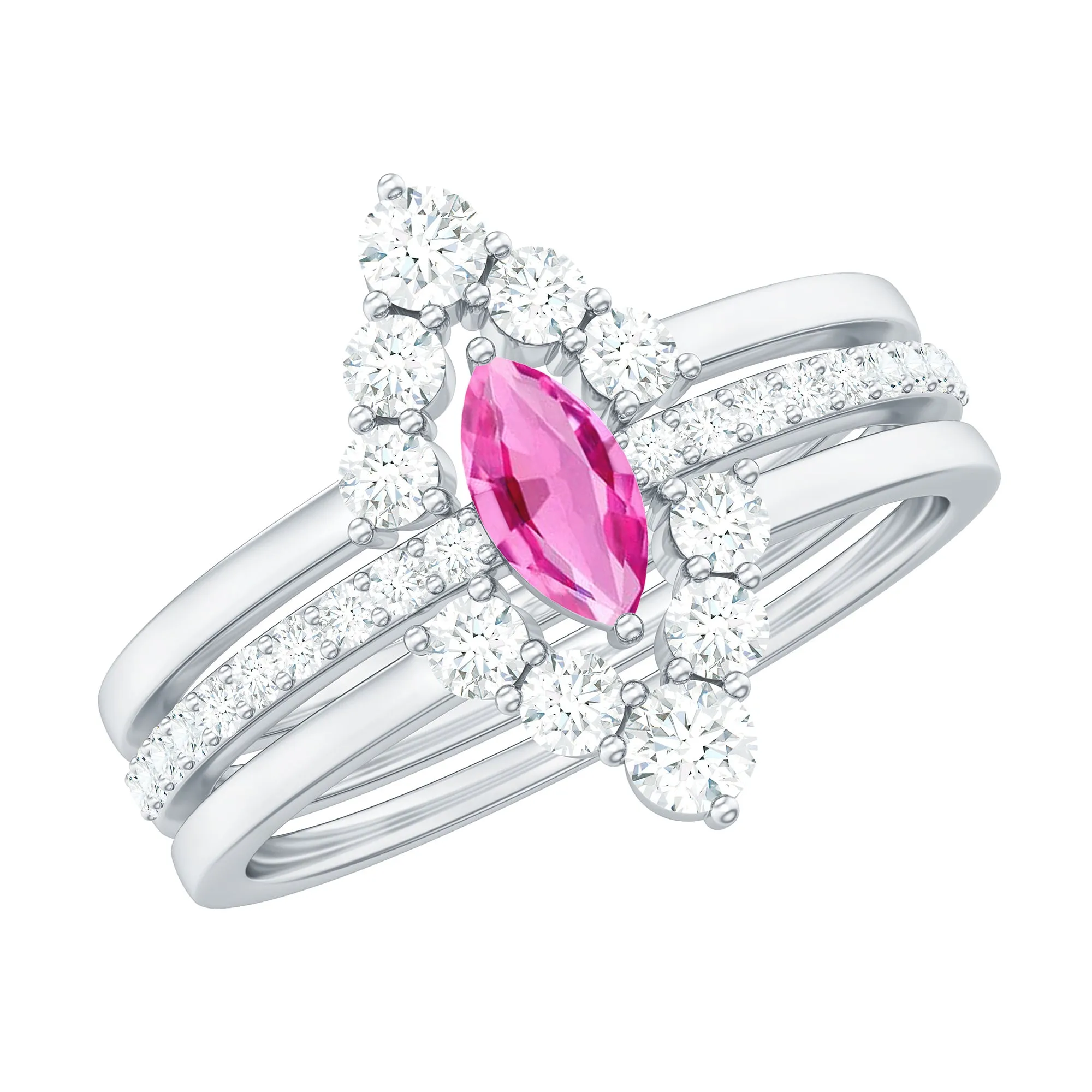 Three Ring Set with Lab-Created Pink Sapphire and Moissanite