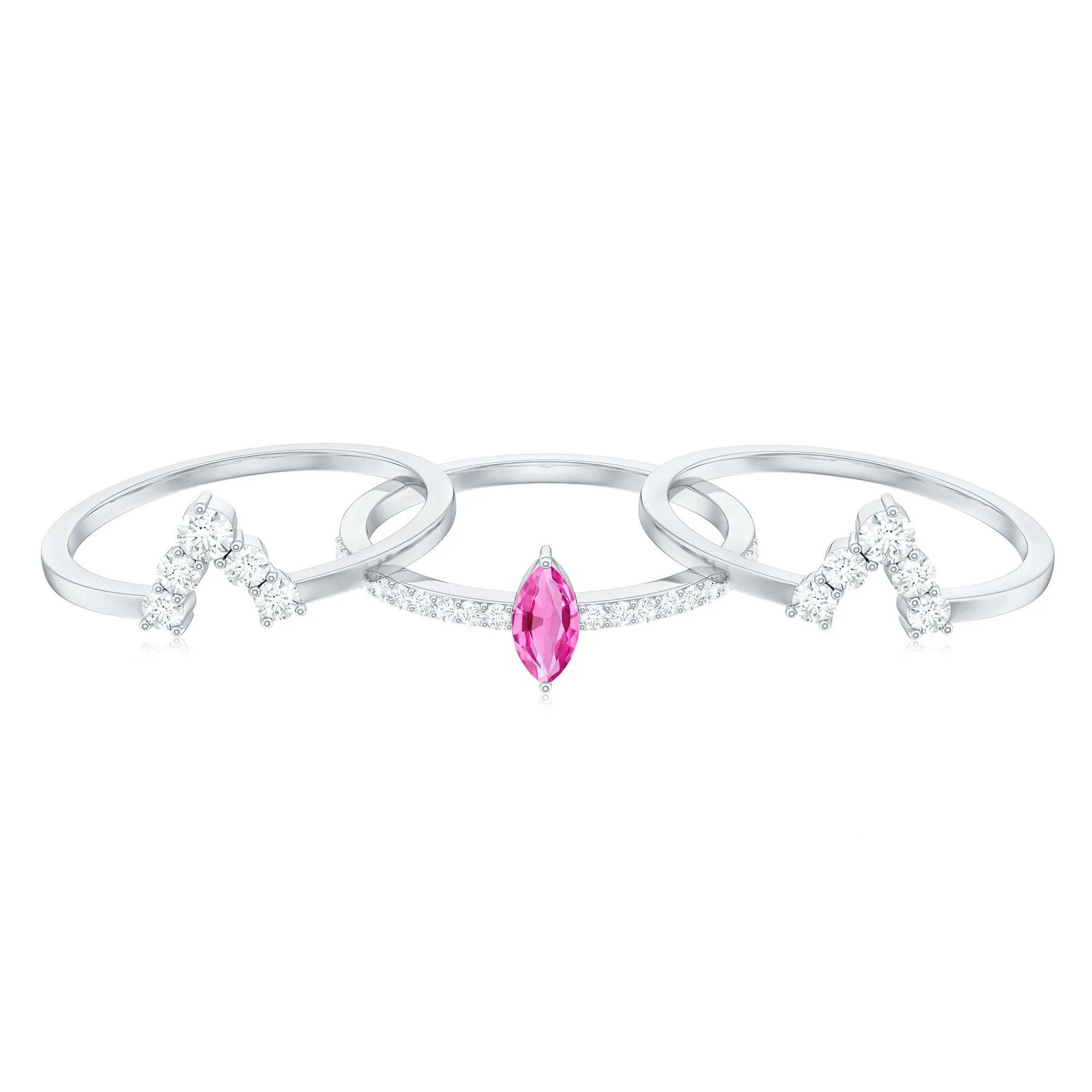 Three Ring Set with Lab-Created Pink Sapphire and Moissanite