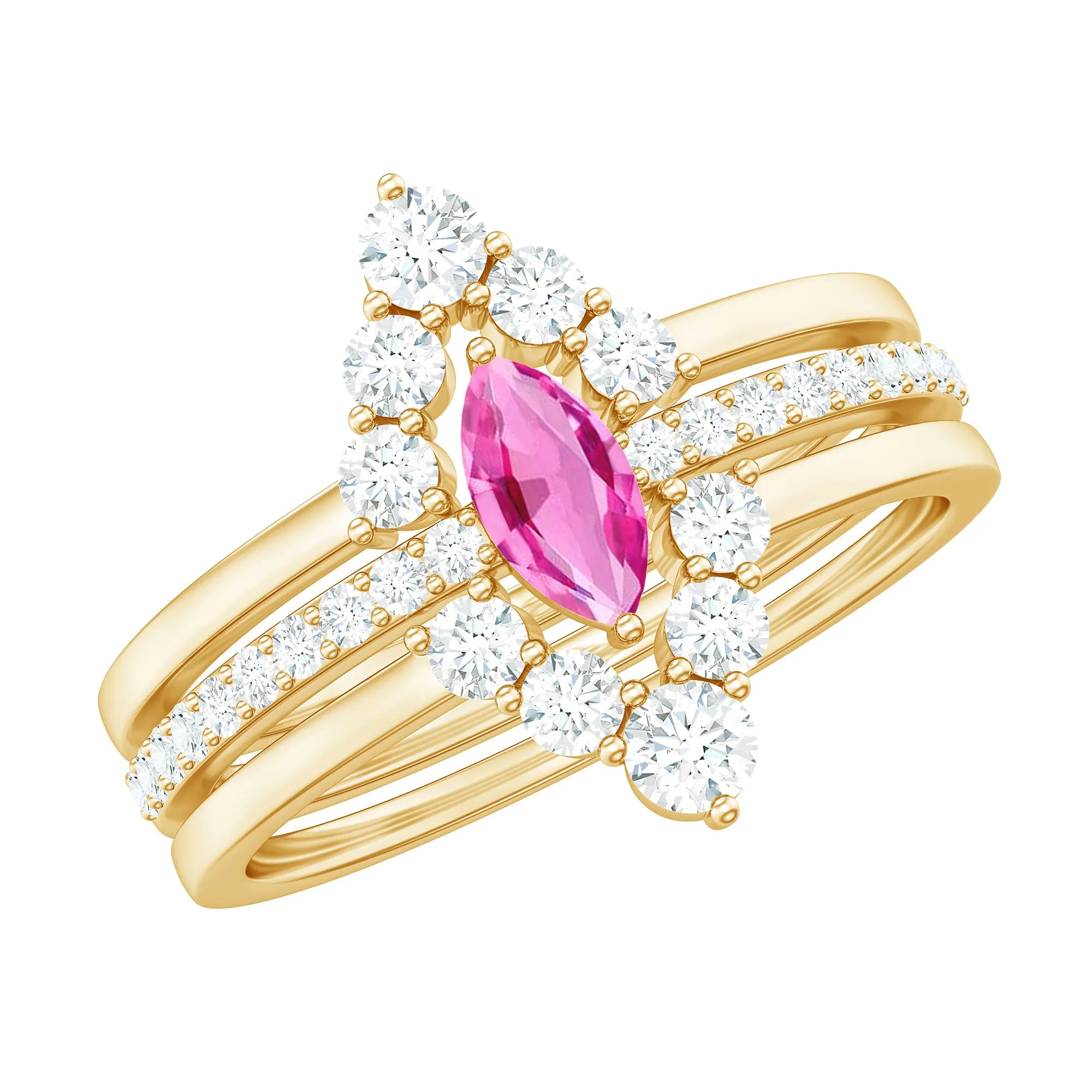 Three Ring Set with Lab-Created Pink Sapphire and Moissanite