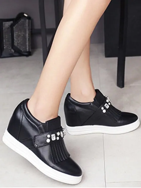 Trendy Rhinestone Fringe Round Toe Wedge Shoes