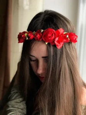 Valentines Red Floral Headpiece Red Flower Headdress Queen of Hearts Headband Floral Crown