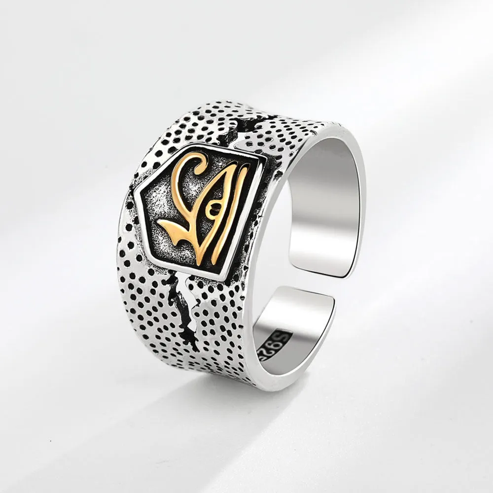 Vintage Distressed Jinling Right Eye Men’s Ring Inspired by Horus and Anubis in Ancient Egypt