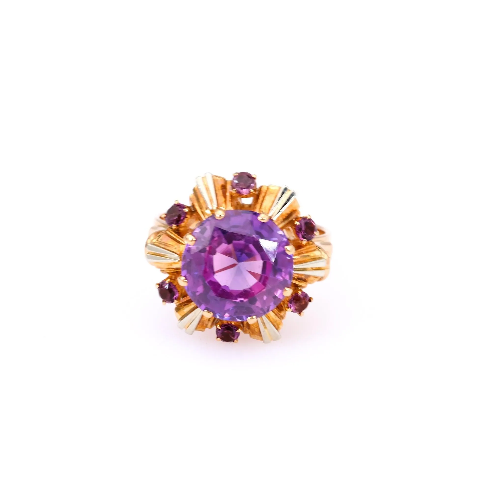 Vintage French Reddish Purple Synthetic Sapphire 18k Yellow Gold Cocktail Ring