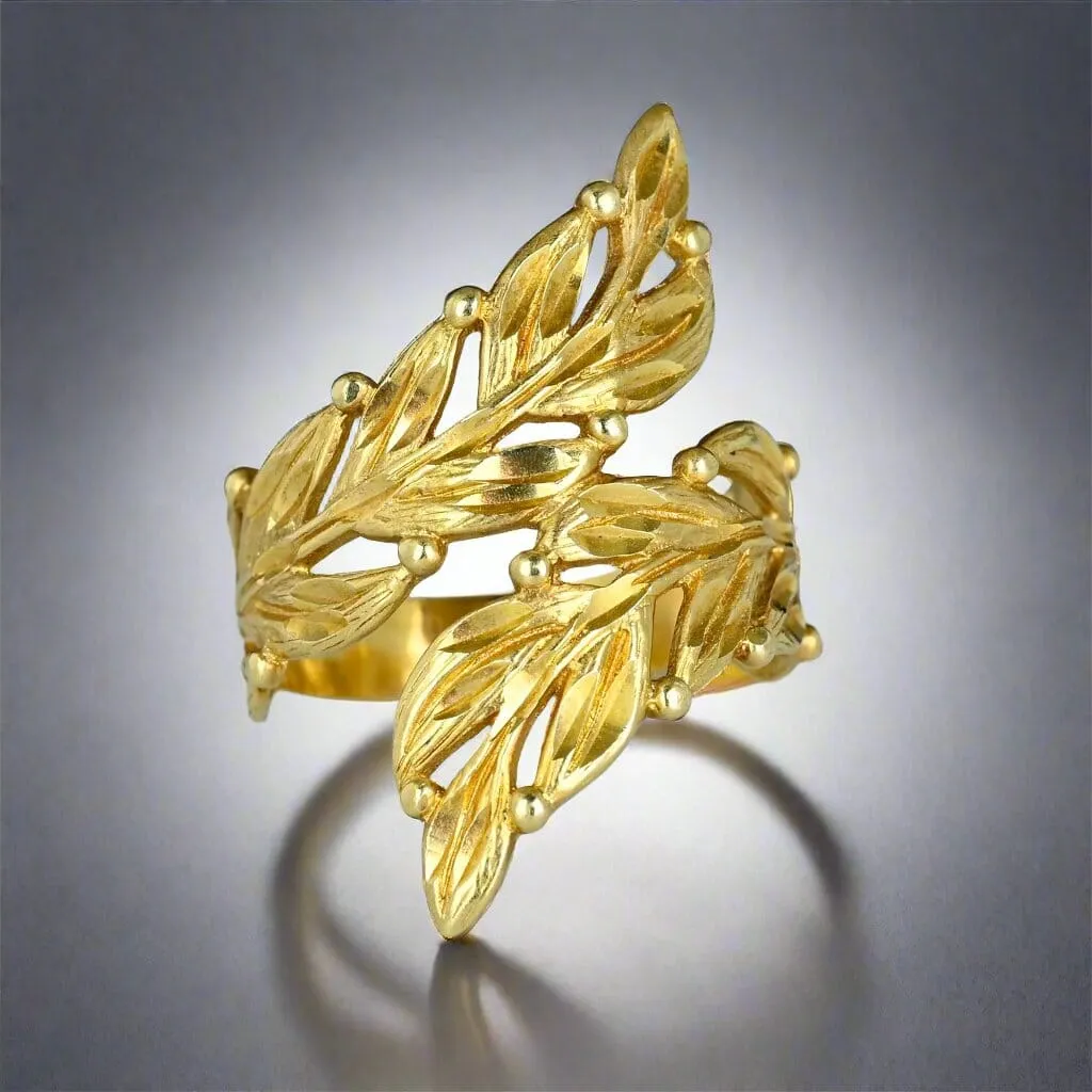 Vintage Large Solid 14K Gold Carved Leaf Bypass Ring